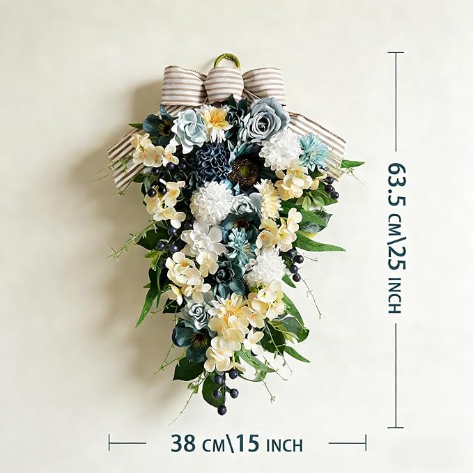 Idyllic 25 Inch Spring Blue Rose Door Hanging Artificial Floral Swag for Front Door Window Porch Stair Railing Spring Holiday Indoor Outdoor Home Decor