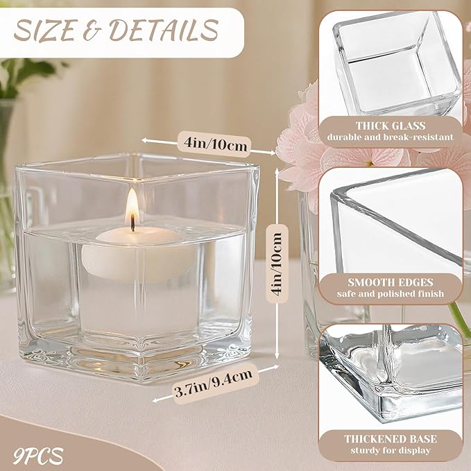 CONNOO 9 Pack Square Glass Vase 4" x 4" x 4", Clear Bulk Flower Vases for Centerpieces, Square Glass Cube Vase Floating Candle Holders for Wedding Party Home Decor