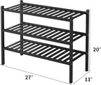 3 Tier Bamboo Shoe Rack for Closet Free Standing Wood Shoe Shelf Storage Organizer for Entryway Small Space Stackable 27"x11"x20" (Black)