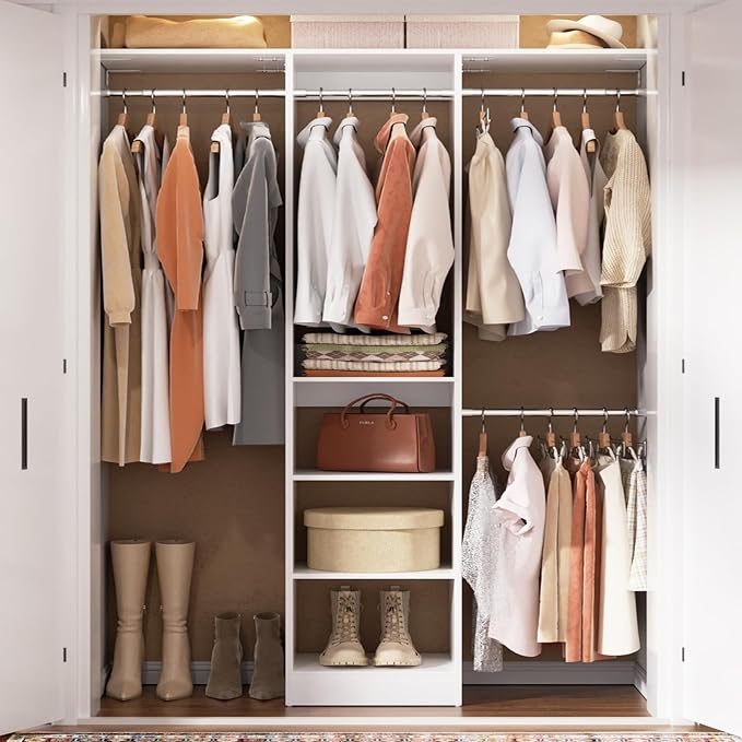 Cyclysio 4FT Small Closet System, 80"H Closet Organizer System with 4 Closets Rods & 3 Shelves, 48" Closets Organizers and Storage for Small Bedrooms, Laundry Rooms, Cloakrooms, White