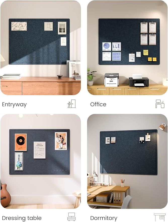 Fluxynara Large Bulletin Board, 47.2" x 35.4" Cork Board Alternative with 24 Safe Removable Adhesive Tabs, Foldable Felt Pin Board for Home Office, Classroom, Bedroom,Entryway for Walls—Carbon Blue