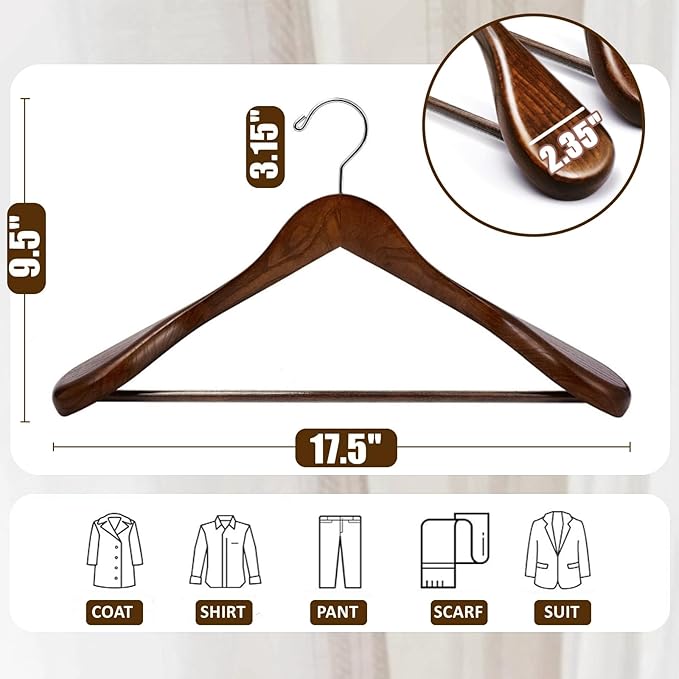 Amber Home 6 Pack Walnut Wide Shoulder Wooden Suit Hangers, Wood Coat Hangers with Non Slip Pants Bar, Clothes Hangers for Jackets, Sweaters, Pants & Heavy Clothes (Vintage, 6 Pack)