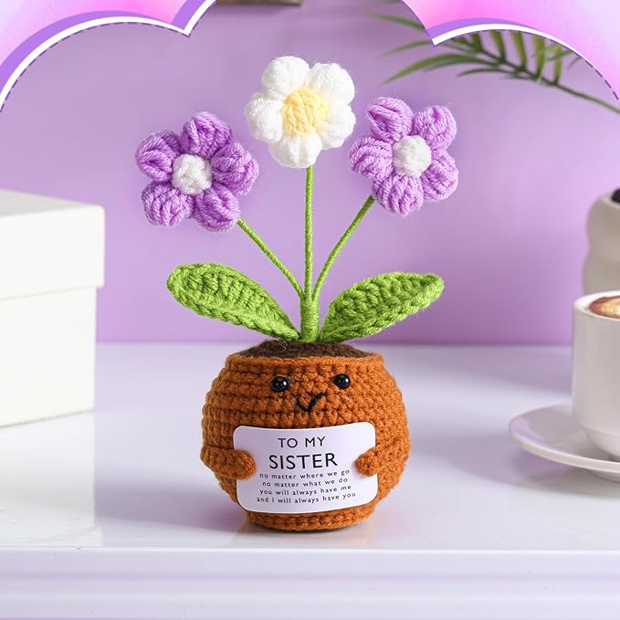 Wavwavw Sister Gifts Handmade Crochet Doll with Card Crochet Present for Sisters Sis Big Little Sister Birthday Wedding Home Decor(Purple Flowers)