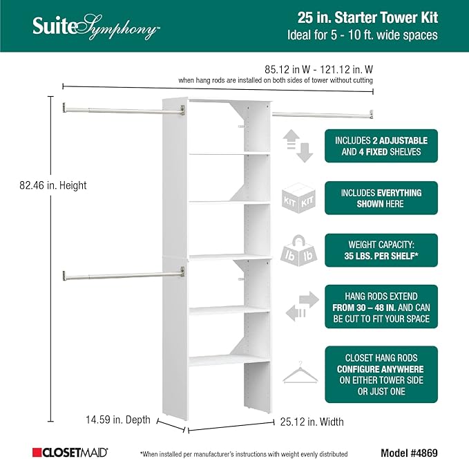 ClosetMaid SuiteSymphony Wood Closet Organizer System, 25-Inch Starter Kit with Tower and 3 Hang Rods and Shelving, Adjustable Shelves, Customizable Insert, Reach-in or Walk-in Closets, Pure White