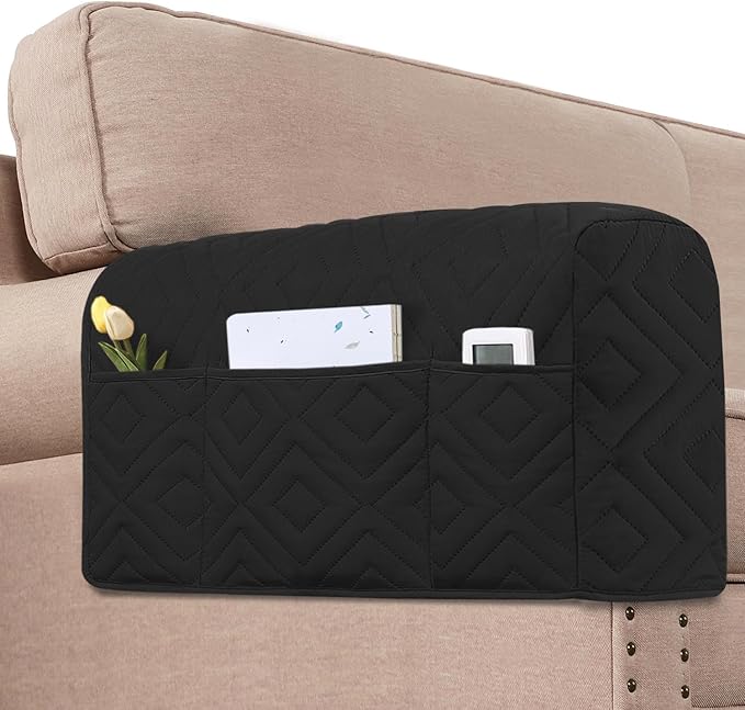 H.VERSAILTEX Armrest Covers for Sofa Water Resistant Couch Arm Covers Remote Control Holder Sofa Armrest Organizer for Magazine, Tablet, Phone, iPad(Set of 2, Black/Grey)