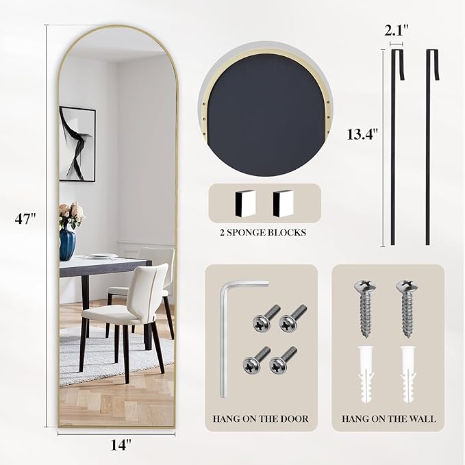 DUMOS 47x14 Inch Arched Full Length Mirror Over the Door, Wall Mounted Full Body Mirror, Door Hanging Metal Aluminum Alloy Frame Dressing Mirrors for Bedroom, Living Room, Entryway, Gold