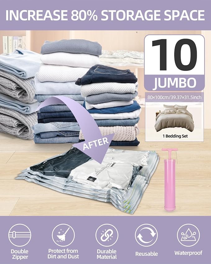 Vacuum Storage Bags for moving, Vacuum Seal Bags for Memory Foam, Latex, Clothing & Bedding, Space Saver Bags for Organization and Storage(10 Jumbo)