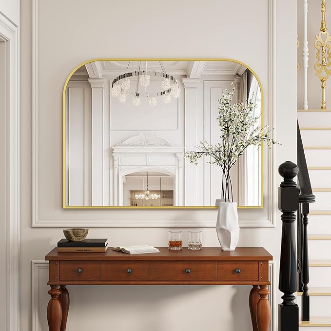 Gold Wall Mounted Bathroom Mirror - 36 x 24 Inch Round Cruved Top Right Angle Bottom Wall Mirror, Aluminum Metal Framed, Decor for Living Room, Bedroom, Fireplace, Mantle, Entryway