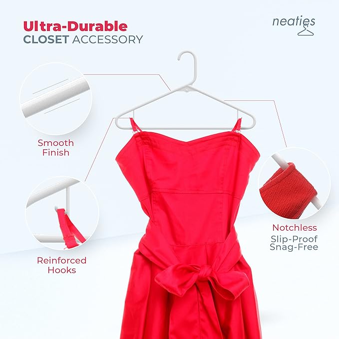 Neaties Plastic Hangers 100 Pack – Made in The USA – 6lb Capacity Standard Clothes Hangers with Strap Hooks for Dresses, Lingerie, Shirts, Pants, and Jackets – White & Mint