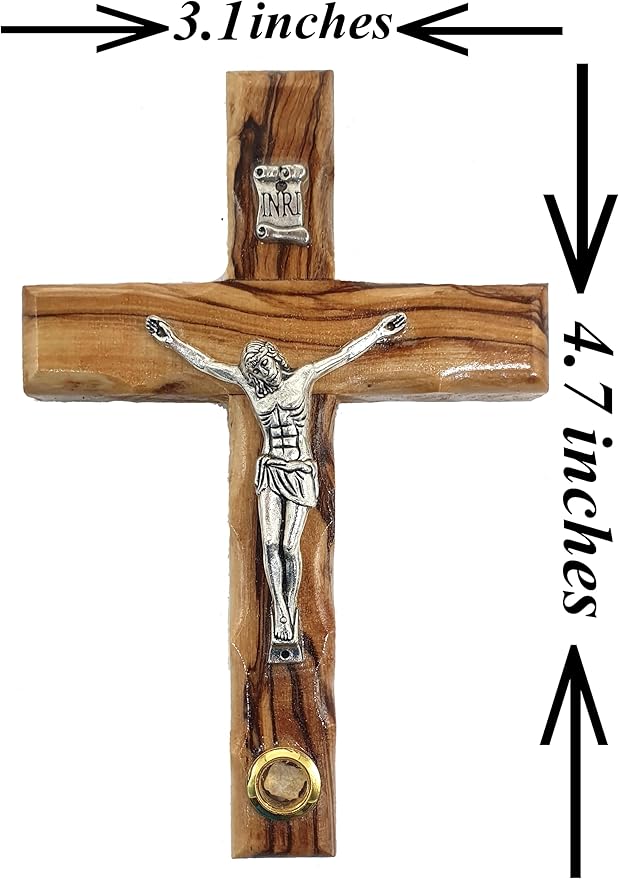 Zuluf 4.7" Olive Wood Catholic Wall Cross with Crucifix and Holy Land Stone Christian Gift Handmade Israel CRS046