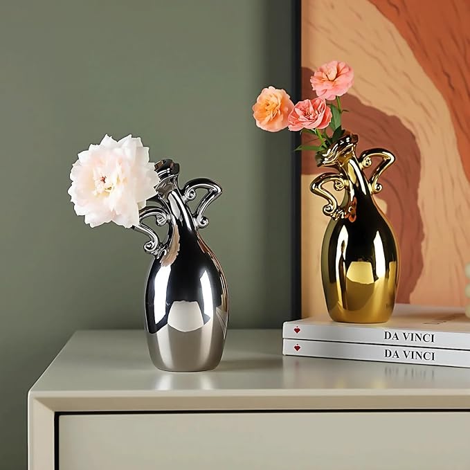Unique Vases for Flowers，7 Inch Silver Small Diameter Vase, A Novel Decoration for The Dining Table, Living Room, Bookshelf and Office, A for Flower Lovers