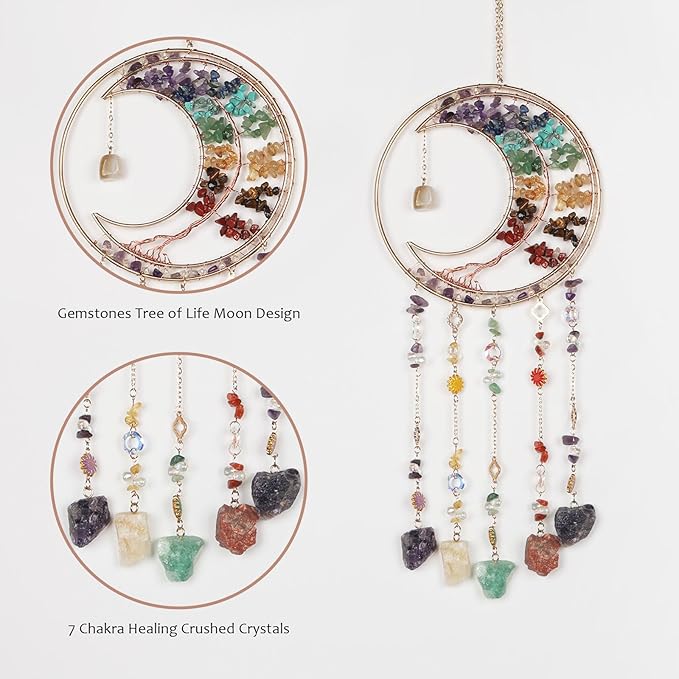 Rainbow Gemstone Dream Catcher 7 Chakras Tree of Life Moon Dream Catchers with Healing Crystal Stones Handmade Suncatcher Dreamcatcher Wall Decor for Adults Living Room,Bedroom,Garden,Bless Gift