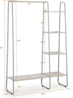 SunnyPoint Open Closet Garment Rack with 4-Tier Shelves & Bottom Storage Shelf, Freestanding Open Wardrobe Clothes Rack Organizer with Hanging Rod for Bedroom Closet. (OFF-WHITE)