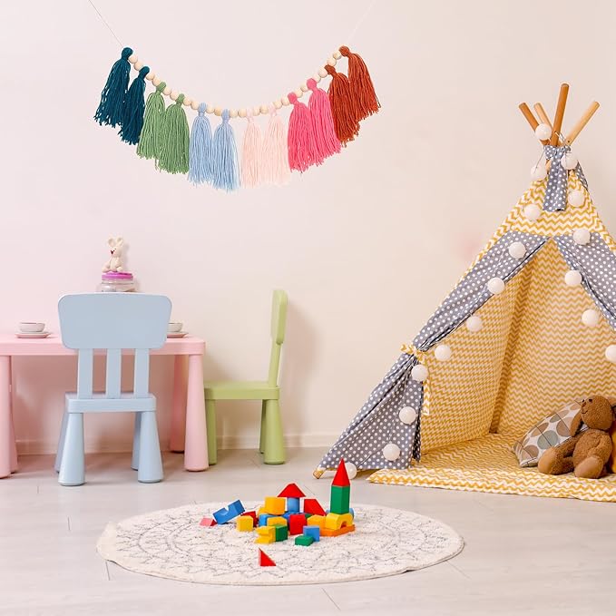 Boho Tassel Garland Yarn Bunting Banner with Wood Bead for Kids Nursery Room Bedroom Wall Hanging Decor Birthday Party Baby Shower Wedding Decor