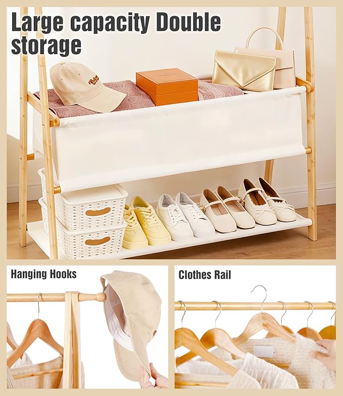 Bamboo Clothes Rack with Storage Box and Storage Shelf, Portable Extra Large Garment Rack Clothing Rack, Foldable Wardrobe For Entryway and Bed Room (L - 47.2 Inch)