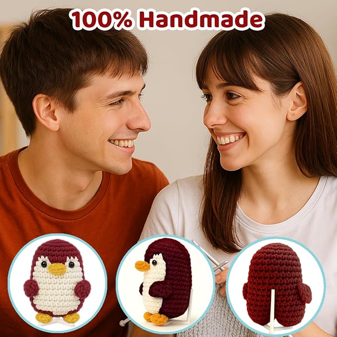 Crimmy Valentines Day Gifts for Him Her, Crochet Tiny Penguin Anniversary Birthday Gift for Boyfriend Girlfriend Wife Husband, I Love You Romantic Gifts for Women Men Couple (Love red Penguin)