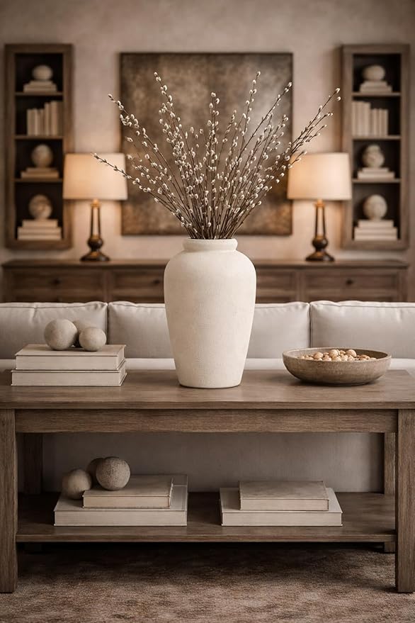 Emotionally Grounded Vase, Vaseking Large Ceramic Rustic Vase, 11 inch Minimalist Decorative Farmhouse Tall Vases for Home Decor, Living Room, Enterway, Table Decoration, White
