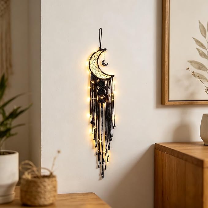 Dream Catcher with LED String Lights Handmade Boho Macrame Wall Hanging Woven Decoration Ornament with Photo Clips for Room Wedding Home Decor (Black Moon)