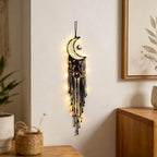 Dream Catcher with LED String Lights Handmade Boho Macrame Wall Hanging Woven Decoration Ornament with Photo Clips for Room Wedding Home Decor (Black Moon)