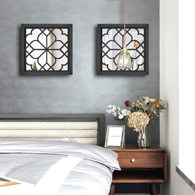 Wocred 2 PCS Square Wall Mirror,Gorgeous Rustic Farmhouse Accent Mirror,Black Entry Mirror for Bathroom Renovation,Bedrooms,Living Rooms and More(12”x12”)
