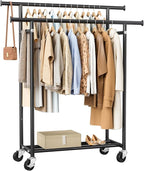 Clothes Rack, Double Rods Rolling Clothing Rack for Hanging Clothes, Portable Garment Rack with Wheels, Coat Rack Wardrobe Closet Load 240 LBS for Bedroom Laundry Room, Black