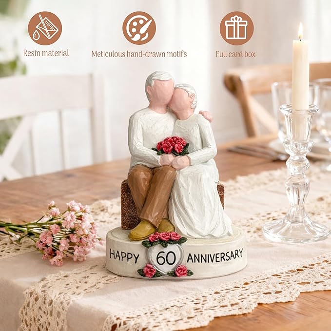 60th Wedding Anniversary Couple Figurine Gift for Parents, Happy 60th Anniversary Decoration, Diamond Wedding Keepsake Statue for Husband Wife, 60 Years Marriage Gift for Couple