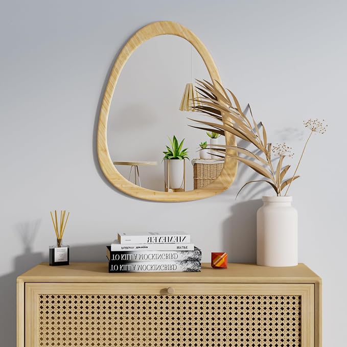22.5" x 17.5" Irregular Wall Mirror, Natural Wooden Framed Asymmetrical Wall Mirror for Living Room Bedroom Bathroom Entryway, Modern Decorative Hanging Hook