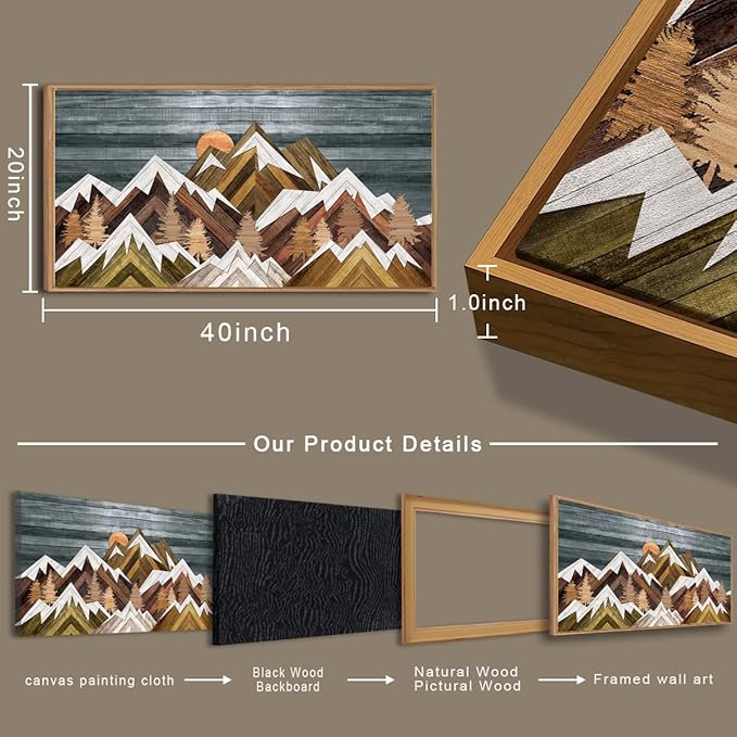 BINCUE Boho Mountain Wall Art Framed Mountain Landscape Canvas Artwork Rustic Mountains Wall Pictures Large Landscape Wall Decor Farmhouse Art Prints for Living Room Bedroom Bathroom Office Farmhouse 20x40 Inch