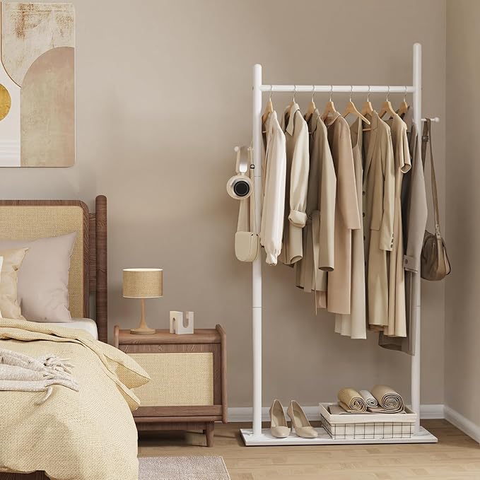 Nianerfaya Coat Rack Freestanding with Rock Base, Standing Garment Storage for Indoor - Coat Tree with 2 Hooks - 25.6" Wide Heavy Duty Clothe Rack Metal Clothing Hanger Rack (White)