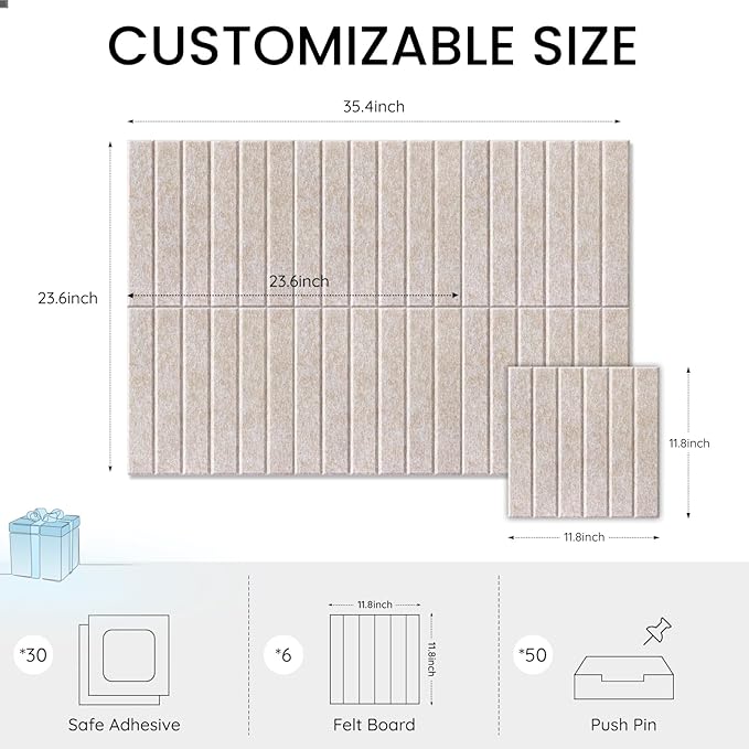 Large Cork Bulletin Board for Wall 36"x24", 6 Pack Felt Slat Wall Panel Tiles with 50 Pushpins, 30 Safe Removable Adhesive Tabs, Decorative Pin Board Tack Board for Office Home School (Beige, 36"x24")