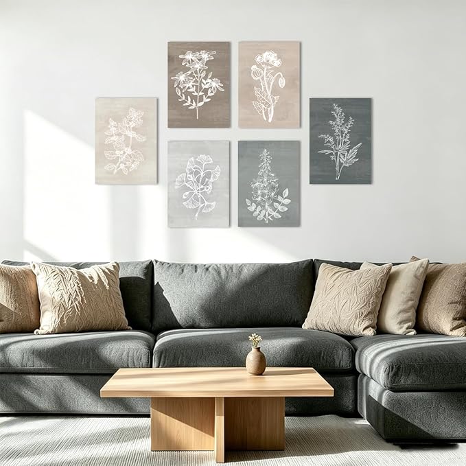 BINCUE Neutral Botanical Plant Canvas 6 Pieces Wall Art Rustic Wall Decor Farmhouse Wall Paintings Botanical Prints Simple Plants Wall Pictures Minimalist Flower Decor for Living Room Bedroom Bathroom Office Dining Room 12"x 16"