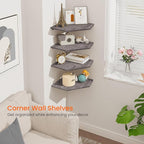Homode Corner Shelf Wall Mount, Set of 4 Corner Floating Shelves with Cord Hole, Wall Shelf Organizer, Wood Hanging Storage Shelving for Bathroom Bedroom Kitchen, Rustic Grey