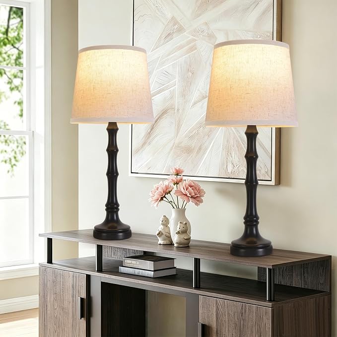 Lamps Set of 2 Modern Farmhouse Table Lamp Bedside Reading Lamps Living Room End Tables Set Lamps for Night Stands Bedroom Night Lamp,High 27 Inch,Black,With Fabric Lamp Shade,Bulb Not Included