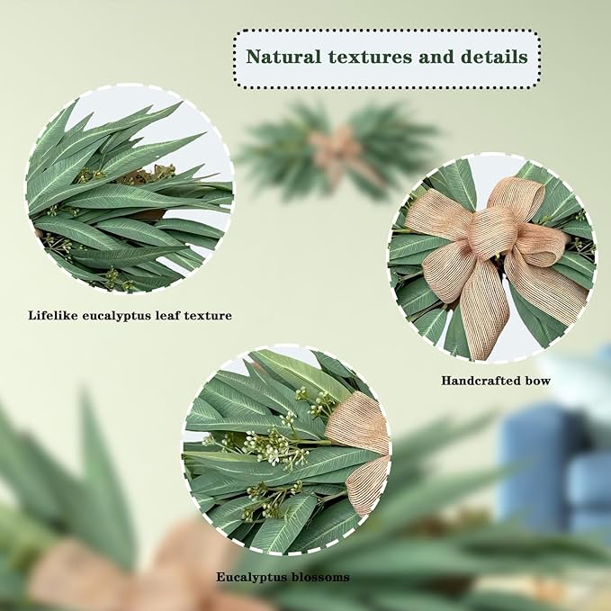 24 Inch Artificial Eucalyptus Greenery Swag with Rustic Linen Bow, Farmhouse Mantel & Wall Decor for Spring, Summer and Year-Round Home or Wedding Decoration(1PCS)