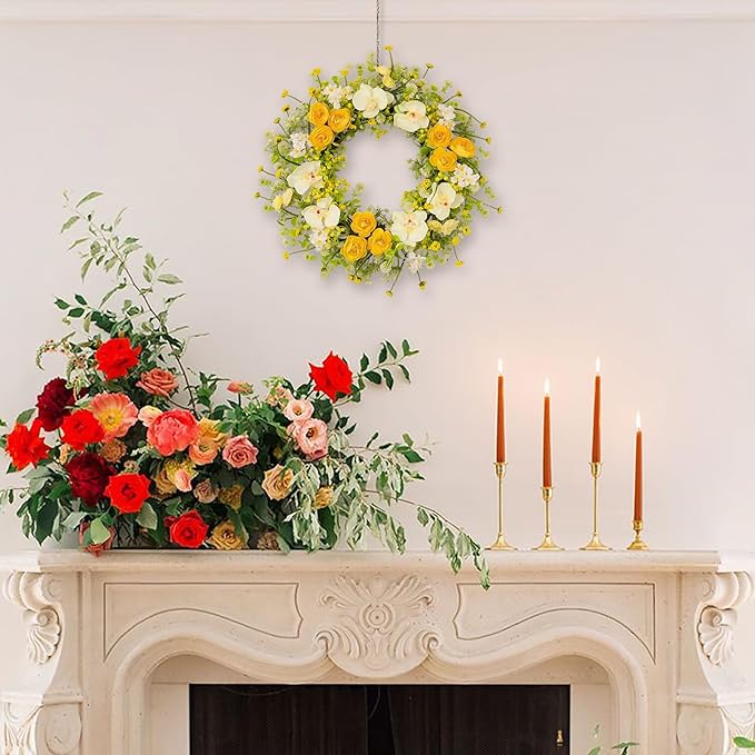 24 Inch Spring Yellow Floral Wreath for Front Door, Artificial Camellia & Orchid Wreath with Eucalyptus Greenery, Farmhouse Door Decor for Spring Summer Wedding Wall Window