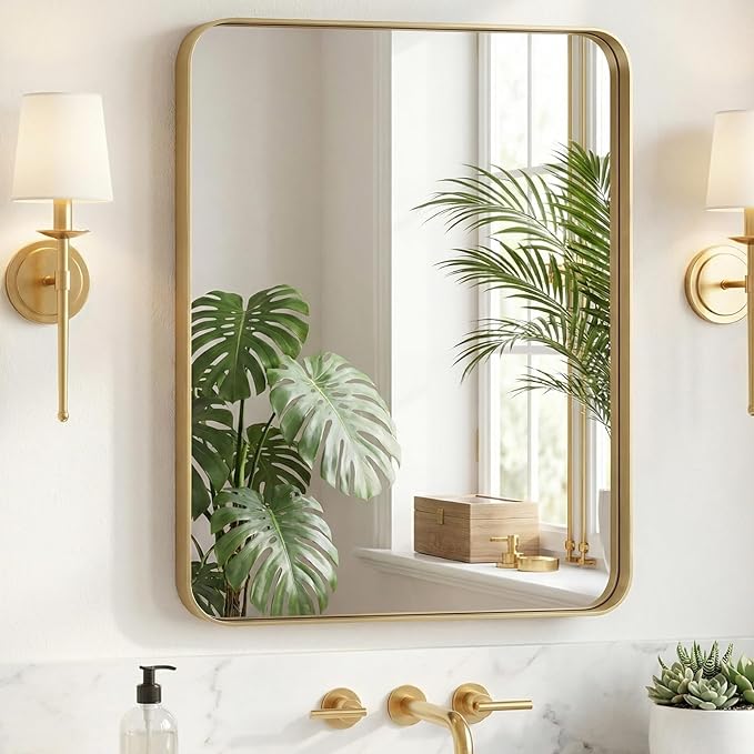 Sweetcrispy Bathroom Wall Mirror, 32x24 Inch Wall Mount Mirror for Over Sink, Modern Rounded Rectangle Vanity Mirrors with Matte Metal Framed, for Home Decor, Living Room, Bedroom, Gold