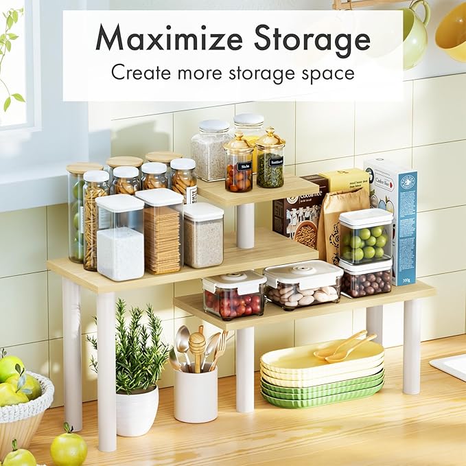 3-Tier Corner Countertop Organizer – Kitchen Counter & Bathroom Vanity Organizer, Coffee Bar Corner Shelf, Spice Rack Stand, L-Shaped Space-Saving Storage, Light, Wood