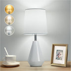 Small Bedside Table Lamp for Bedroom - Reading Desk Lamp with 3 Color Temperatures，15.5" Nightstand Ceramic Lamp with Fabric Shade for Kids Room,Living Room,Dorm,Home Office (White)