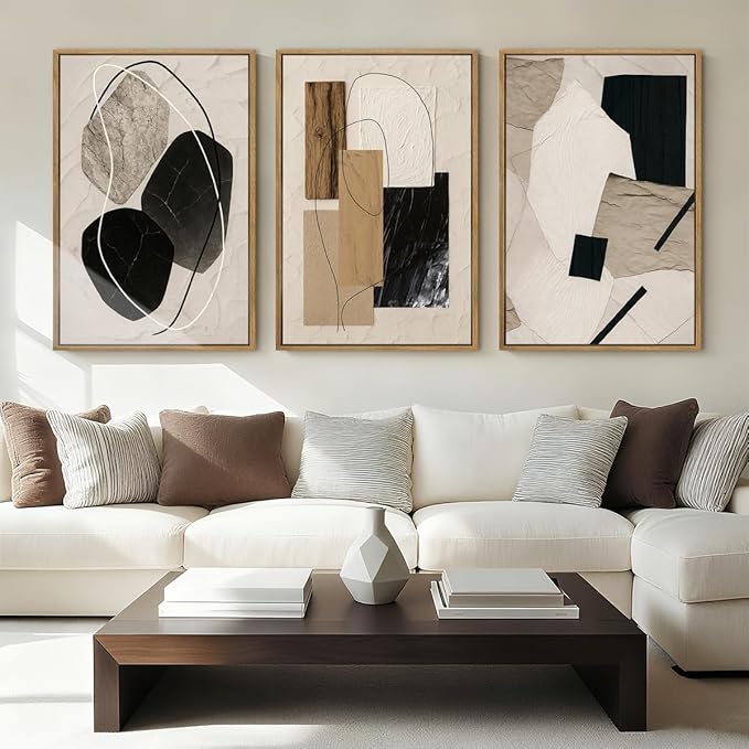 Large Abstract Paintings Framed Neutral Canvas Prints Mid Century Modern Wall Art Abstract Wall Decor Neutral Wall Pictures Elegant Modern Paintings for Living Room Bedroom Bathroom Office 36x24 Inch 3 Piece