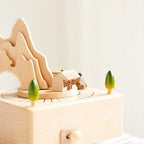Natural Solid Wood Handcrafted Beech Wooden, Musical FigureTotoro/Carousel/Fairy/Ballerina Figurine,Rotating Hand Crank Mechanism Music Box,Musical Decorations (Mountain and Train)