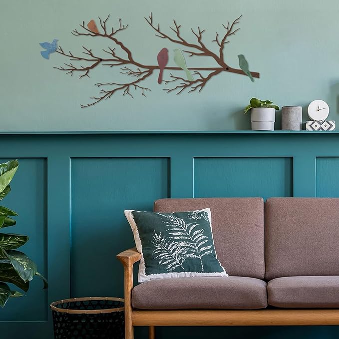 ESTART Metal Birds Wall Art, Metal Vivid Birds on Branch Silhouette Wall Decor Leaves with Bird Outdoor Hanging Wall Sculpture for Living room Bedroom Balcony Garden (Colorful, Large)