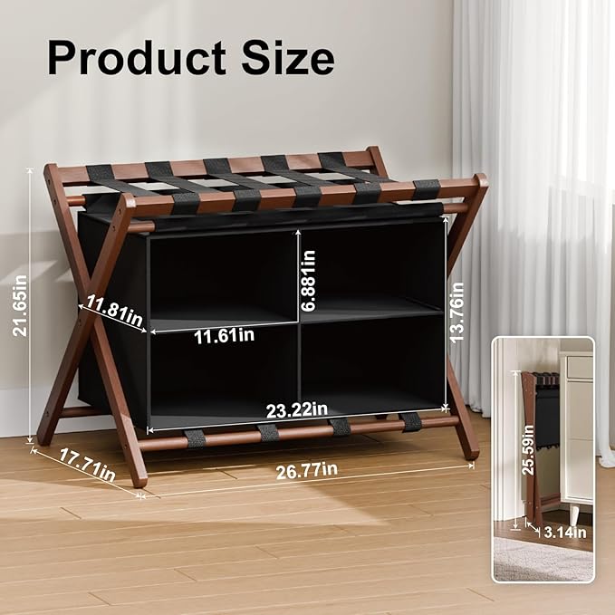Bamboo Luggage Rack for Suitcases 2 Pack, Foldable & Easy to Assemble Suitcase Stand, Heavy Duty and Space-Saving Luggage Holder for Guest Room, Bedroom, Hotel