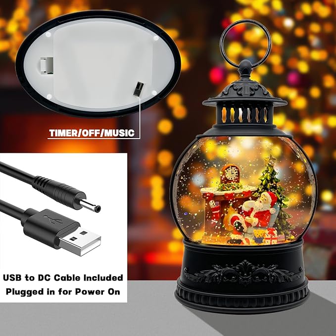 AOMIL Christmas Snow Globe Lantern with Music & Timer - USB/Battery Operated LED Glittering Globe, Snow Globe Decor for Home Holiday (Santa Claus)