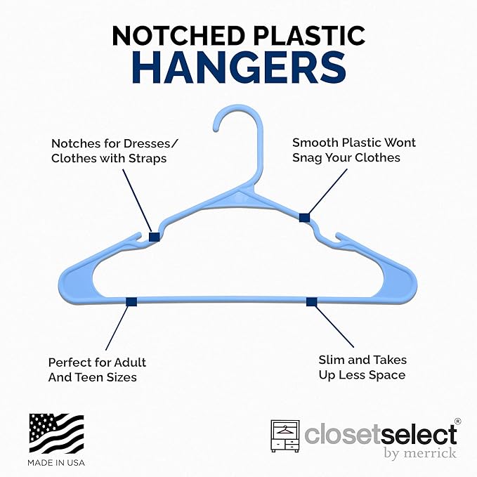 Plastic Hangers 50 Pack - Space Saving Clothes Hangers, Made in USA, Durable & Strong Plastic Shirt & Coat Hanger with Notches & Shoulder Grooves, Non-Slip Clothing Hangers | Victory Blue