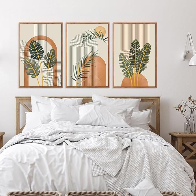 KAIRNE Boho Canvas Wall Art,Abstract Minimalist Room Decor,Tropical Botanical Wall Decor,Mid-Century Geometric Illustrations Set of 3(16”X24”),Botanical Print for Living Room Bedroom Dining Room Decor