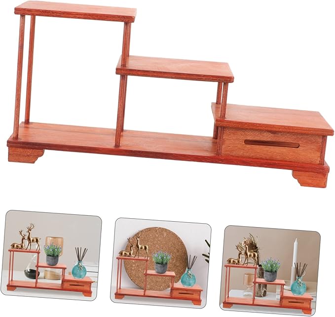 LIFKOME Vintage Wooden Tiered Display Riser Stand Home Decor Ornament Holder Wooden Figurine Riser for Living