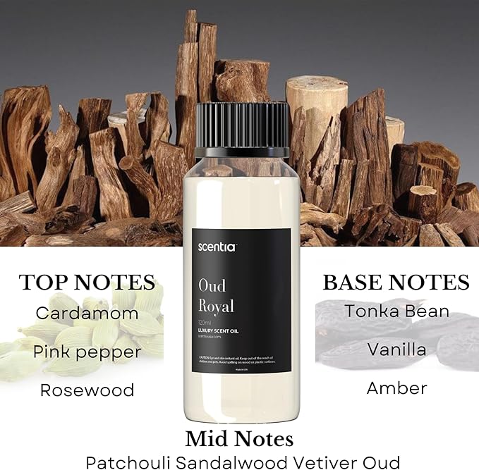 Scentia Oud Royal Hotel Diffuser Oil 120 ml | Oud Royal for Scent Diffuser | Thanksgiving & Holiday Gift Luxurious Aroma, Niche Scent, Cardamom, Rosewood & Oud | Aromatherapy Fragrance