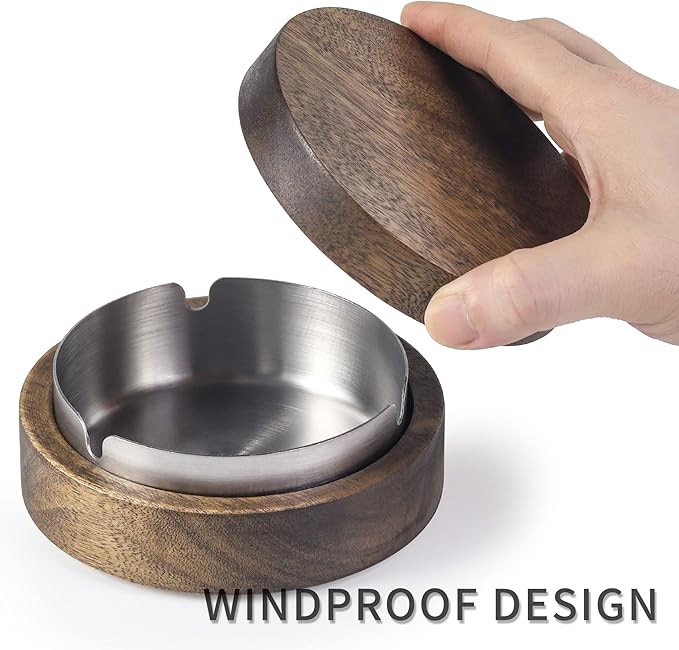Wooden Ashtray with Lid for Smokers Stainless Steel Liner Ash Tray Windproof Durable Easy to Clean Cool Ashtrays for Indoor or Outdoor Use, Patio, Office & Home
