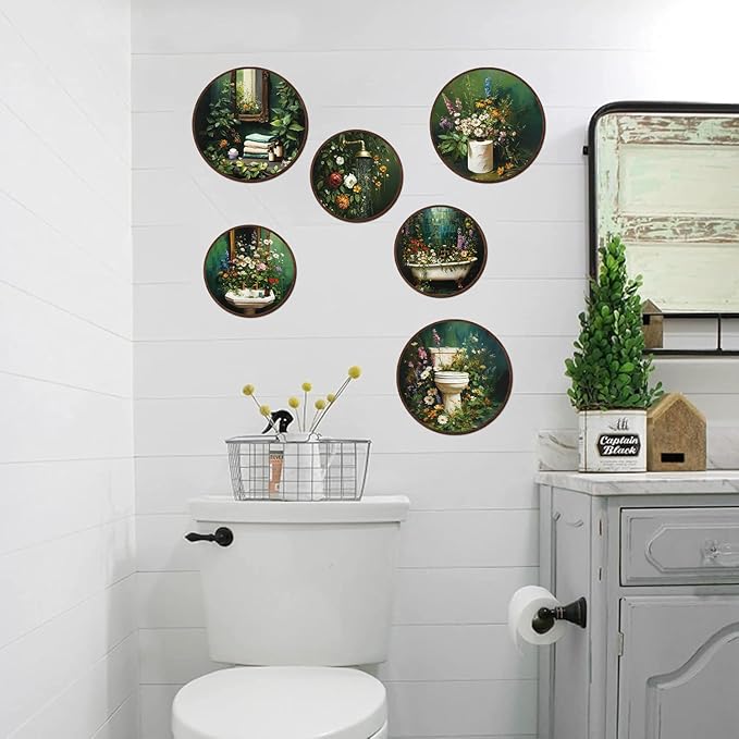TOARTi 6pcs Vintage Floral Bathroom Wall Art Set(9.9”x3/7.9”x3) Round Dark Green Botanical Wall Plaques Moody Bathroom Wooden Hanging Vintage Wildflower Shower Bath Wall Decor for Restroom
