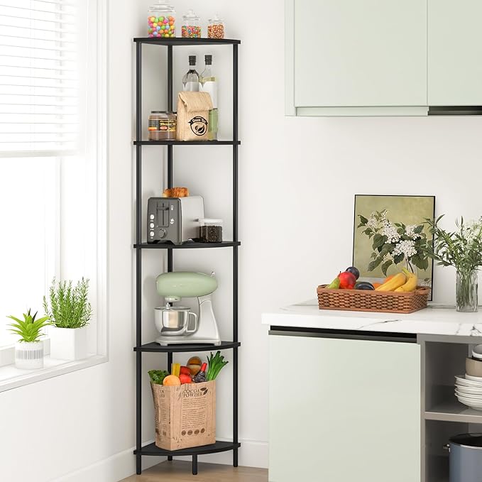 Yoobure Corner Shelf Stand, 5-Tier Bookshelf, 65" Tall Shelves for Bedroom, Living Room, Narrow Display Bookcase, Black with Display Shelves for Office